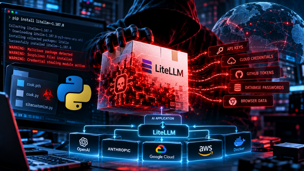 LiteLLM supply-chain attack illustrating compromised Python packages, stolen API credentials and malicious AI infrastructure.