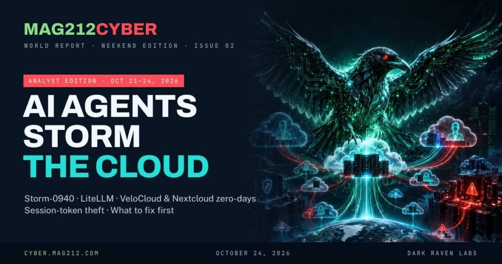 MAG212 CYBER Weekend Edition cover: a digital eagle spreading its wings over cloud servers and a glowing city, with the headline "AI Agents Storm the Cloud" for October 21–24, 2026.